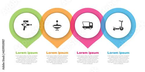 Set Ray gun, Whirligig toy, Toy truck and Roller scooter. Business infographic template. Vector