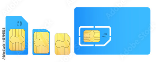 Blue sim cards isolated. Mini micro nano technology sim card. Phone blue chip on a white background. EPS 10
