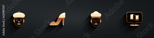 Set French mime, Woman shoe, Cook and Flag France icon with long shadow. Vector
