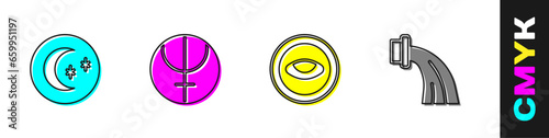 Set Moon and stars, Neptune planet, Medallion with eye and Aquarius zodiac icon. Vector