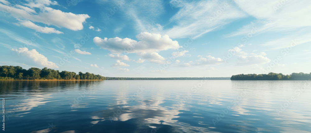 Wide view of lake. Blue-sky in sunset. Background concept.