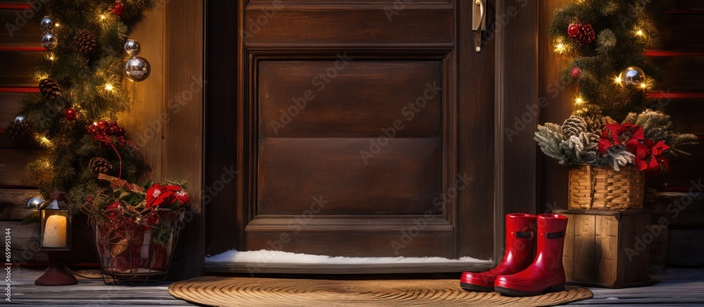 Christmas mat slippers and pouf placed by wooden entrance