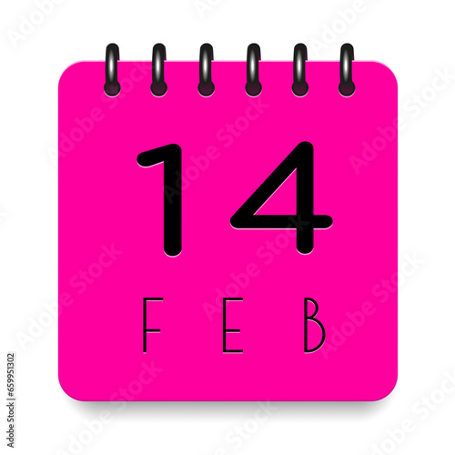 14 day of the month. February. Pink calendar daily icon. Black letters. Date day week Sunday, Monday, Tuesday, Wednesday, Thursday, Friday, Saturday. Cut paper. White background. Vector illustration.