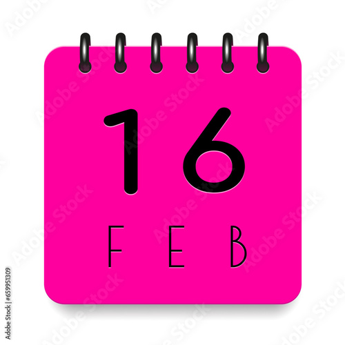 16 day of the month. February. Pink calendar daily icon. Black letters. Date day week Sunday, Monday, Tuesday, Wednesday, Thursday, Friday, Saturday. Cut paper. White background. Vector illustration.