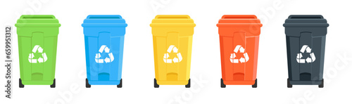 Garbage bins set. Colorful trash cans with recycling icon.
