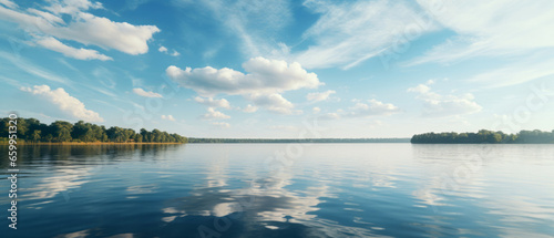 Wide view of lake. Blue-sky in sunset. Background concept.