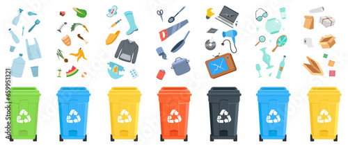 Containers for sorting paper, glass, metal, organic, plastic. Vector illustration.