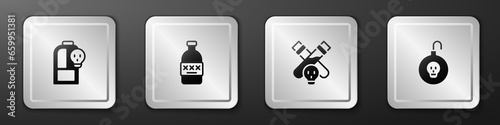 Set Beaker with toxic liquid, Poisoned alcohol, Bottle potion and Nuclear bomb icon. Silver square button. Vector