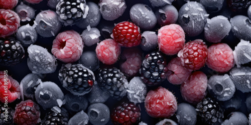 Frozen Raspberries Blackberries And Blueberries With Pieces Of Ice And Frost Created Using Artificial Intelligence