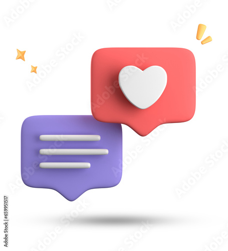 3d rendering of speech bubble with notification icons, 3D pastel pink purple chat icon set. Set of 3d speak bubble.