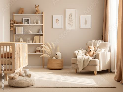 Beige nursery room with a touch of interior elegance. AI Generation.