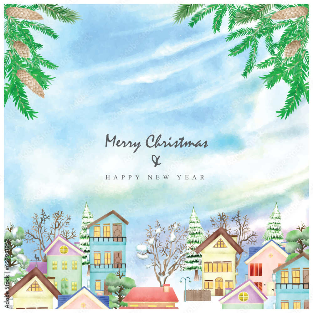 cute christmas scene with winter town and characters background