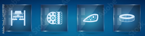 Set Repair car on lift, Car tire wheel, headlight and filter. Square glass panels. Vector