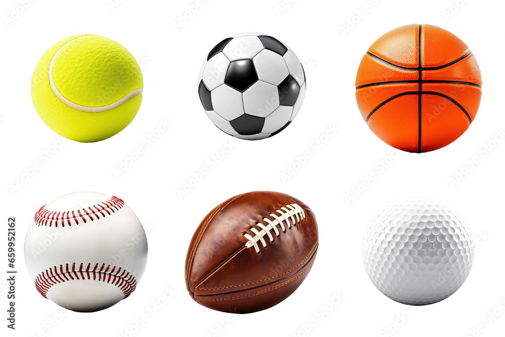 Set of sports balls isolated on transparent background cutout. Generative AI. Set of sports balls isolated on transparent background cutout. Generative AI.
