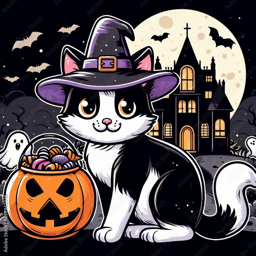 Cute cat in witch hat on the moon. Vector illustration. Cute cat in witch hat on the moon. Vector illustration.