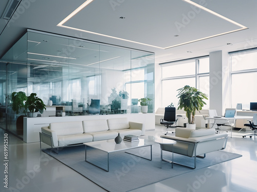Clean  white office space featuring elegant furniture. AI Generation.