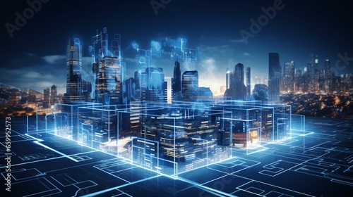 A hologram of smart city. Real estate investment and future of business technology concept
