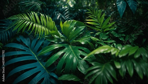 Tropical green tree leaves pattern frame on natural exotic palm forest. Abstract jungle background