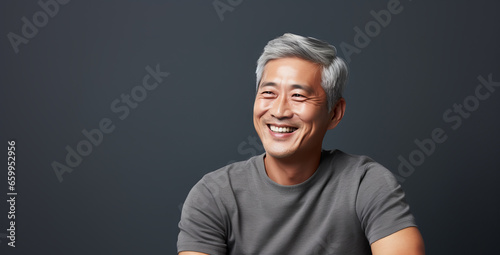 Beautiful asian man with smooth healthy face skin. Gorgeous aging mature man with gray hair and happy smiling. Beauty and cosmetics skincare advertising concept.
