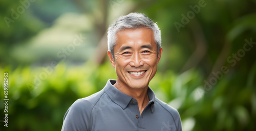Asian businessman standing in a street smiling confidently