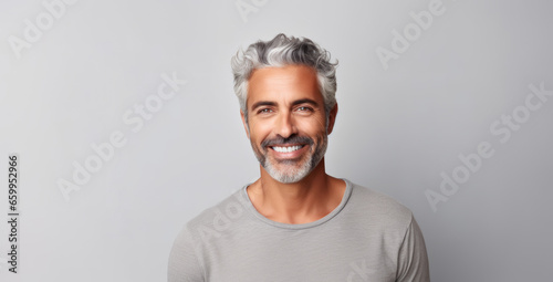 Beautiful caucasian man with smooth healthy face skin. Gorgeous aging mature man with gray hair and happy smiling. Beauty and cosmetics skincare advertising concept.