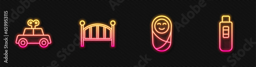 Set line Newborn baby infant swaddled, Toy car, Baby crib cradle bed and Pregnancy test. Glowing neon icon. Vector