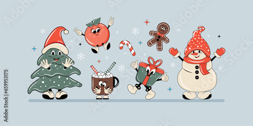 A bright Christmas illustration in the style of a groove, retro. Funny snowman, gift, snowman, gingerbread man and funny tangerine. Vector