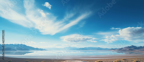 Wide view of lake. Cloudy blue-sky. Background concept.