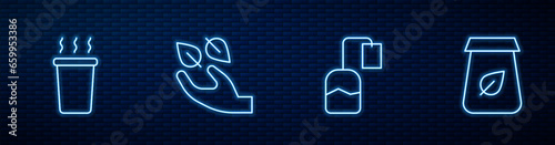 Set line Tea bag, Cup of tea, leaf in hand and packaging. Glowing neon icon on brick wall. Vector