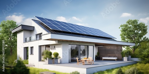 AI Generated. AI Generative. Alternative power electricity rooftop house solar panel. Modern architecture building. Eco sun energy system © Graphic Warrior