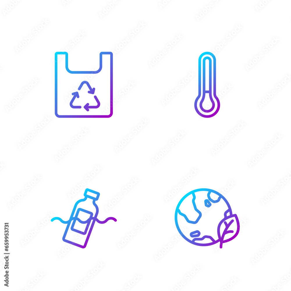 Set line Earth globe and leaf, The problem of pollution, Shopping bag with recycle and Thermometer. Gradient color icons. Vector Set line Earth globe and leaf, The problem of pollution, Shopping bag with recycle and Thermometer. Gradient color icons. Vector