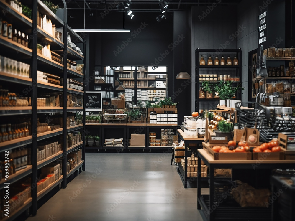 Explore the chic interior of the black supermarket. AI Generation.