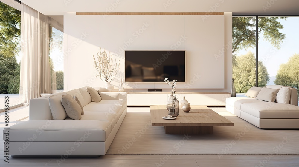 Fototapeta premium White sofa and tv unit in spacious room. Luxury home interior design