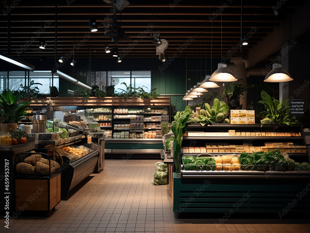 Discover the allure of a dark wood supermarket's interior, AI Generation.
