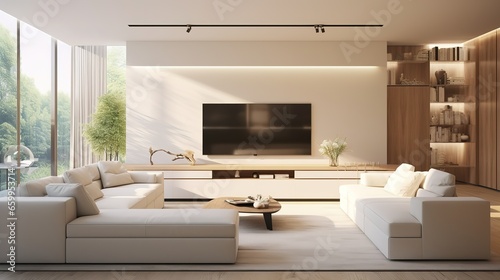 White sofa and tv unit in spacious room. Luxury home interior design