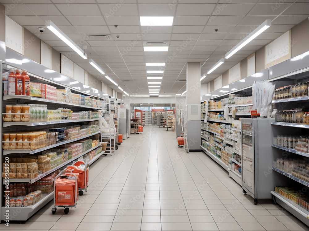 Inside a sleek grey supermarket with trendy design. AI Generation.