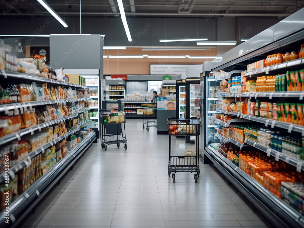 A trendy grey supermarket with captivating design. AI Generation.