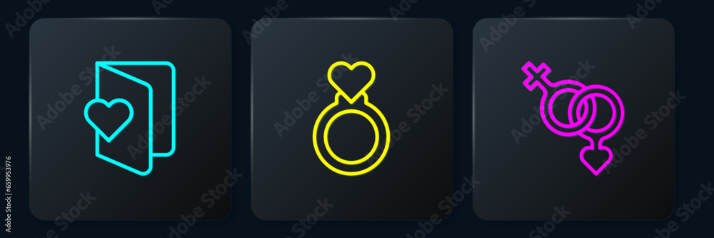 Set line Valentines day flyer, Gender and Wedding rings. Black square button. Vector Set line Valentines day flyer, Gender and Wedding rings. Black square button. Vector