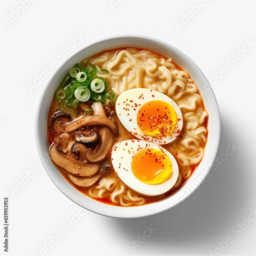 miso ramen flat lay on white background