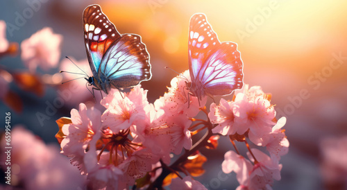 Wild flowers and butterfly in a meadow in nature. Beautiful sunset. © AllistairBot/Peopleimages - AI