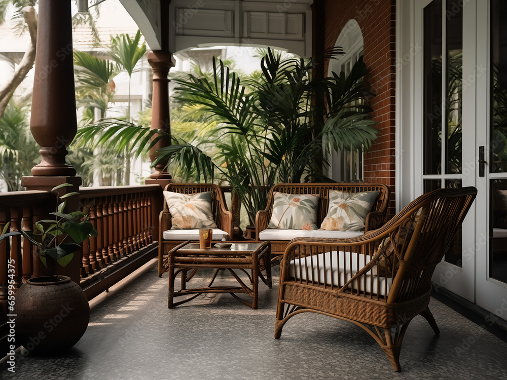 Classic veranda offering room for relaxation. AI Generation. - obrazy, fototapety, plakaty 