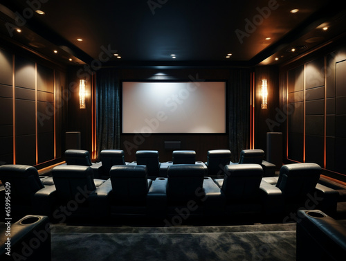 A vintage-style cinema room with red curtains and seats awaiting the premiere of a new film.
