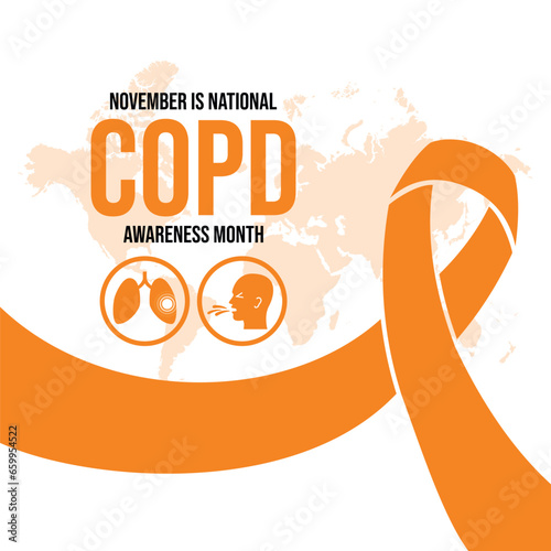 November is National Chronic Obstructive Pulmonary Disease Awareness Month vector illustration. COPD awareness month poster. Orange awareness ribbon and human lungs icon set vector. Important day