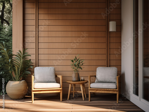 Sleek furniture complements the minimalism veranda. AI Generation. © Llama-World-studio