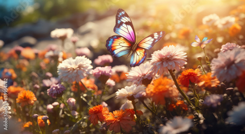 Wild flowers and butterfly in a meadow in nature. Beautiful sunset.