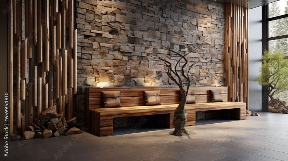 Rustic wooden bench made from tree trunk in spacious hallway. Minimalist home interior design of modern entrance hall Rustic wooden bench made from tree trunk in spacious hallway. Minimalist home interior design of modern entrance hall