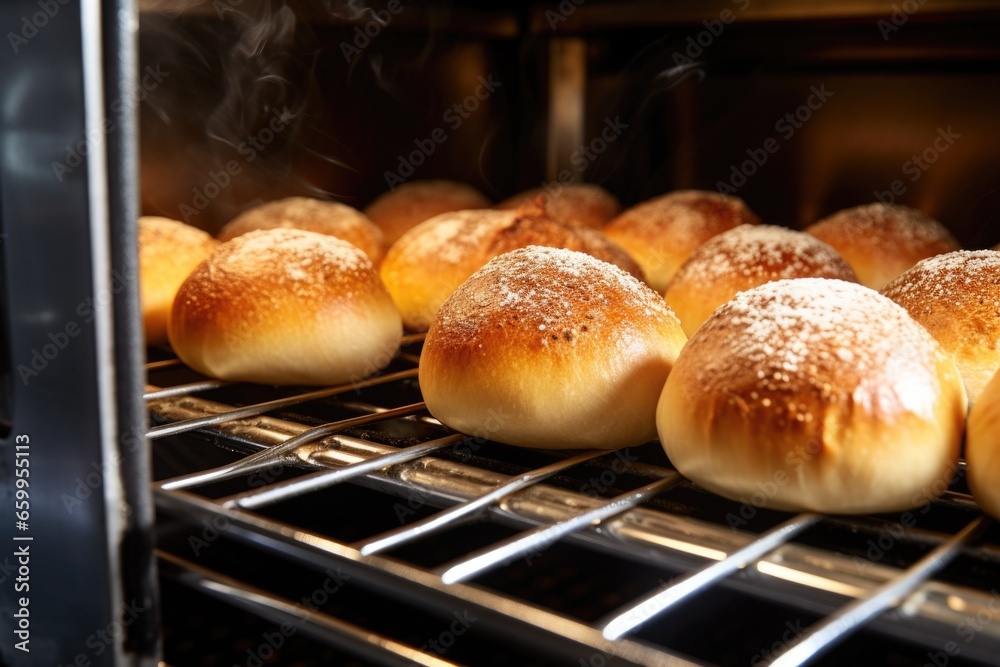fresh buns coming out of a stainless steel oven fresh buns coming out of a stainless steel oven