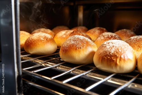 fresh buns coming out of a stainless steel oven