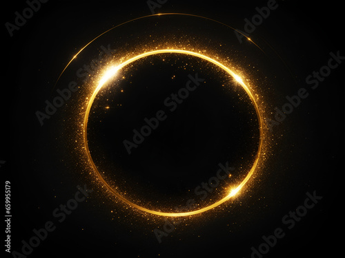 Círculo dorado con brillo sobre un fondo negro. Vista de frente y de cerca. Copy space. IA Generativa photo