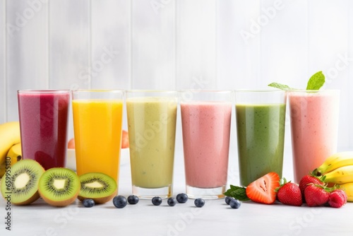 a collection of fruit and veggie smoothies in glasses